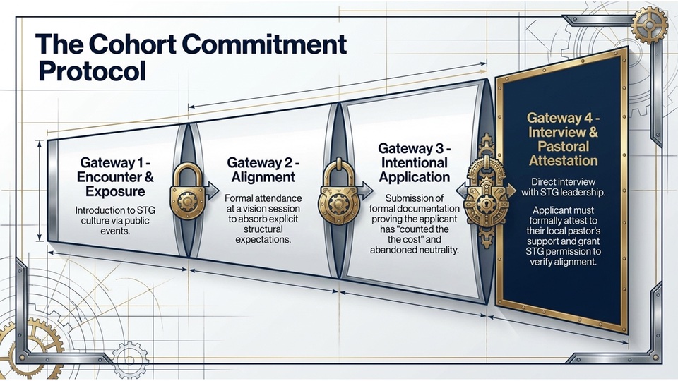 The Cohort Commitment Protocol — Gateway 1: Encounter & Exposure; Gateway 2: Alignment; Gateway 3: Intentional Application; Gateway 4: Interview & Pastoral Attestation